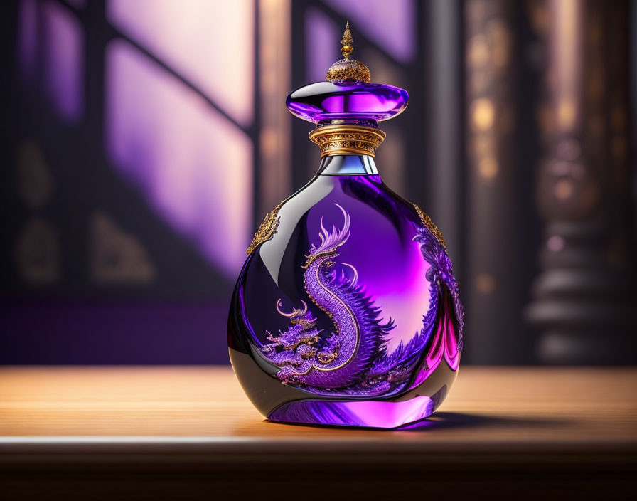 Purple and gold dragon-themed perfume bottle on wooden surface