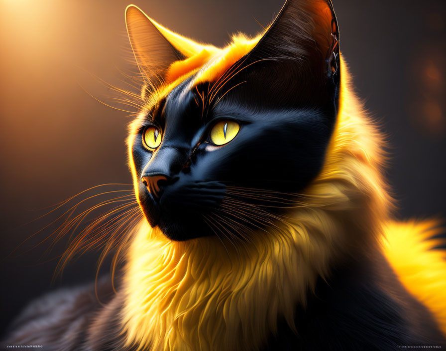 Black Cat Digital Artwork with Yellow Accents and Glowing Eyes