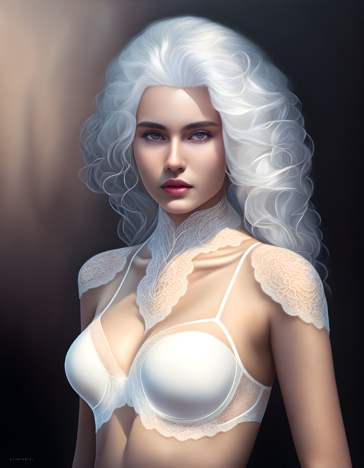 Portrait of woman with white curly hair and blue eyes in lace lingerie