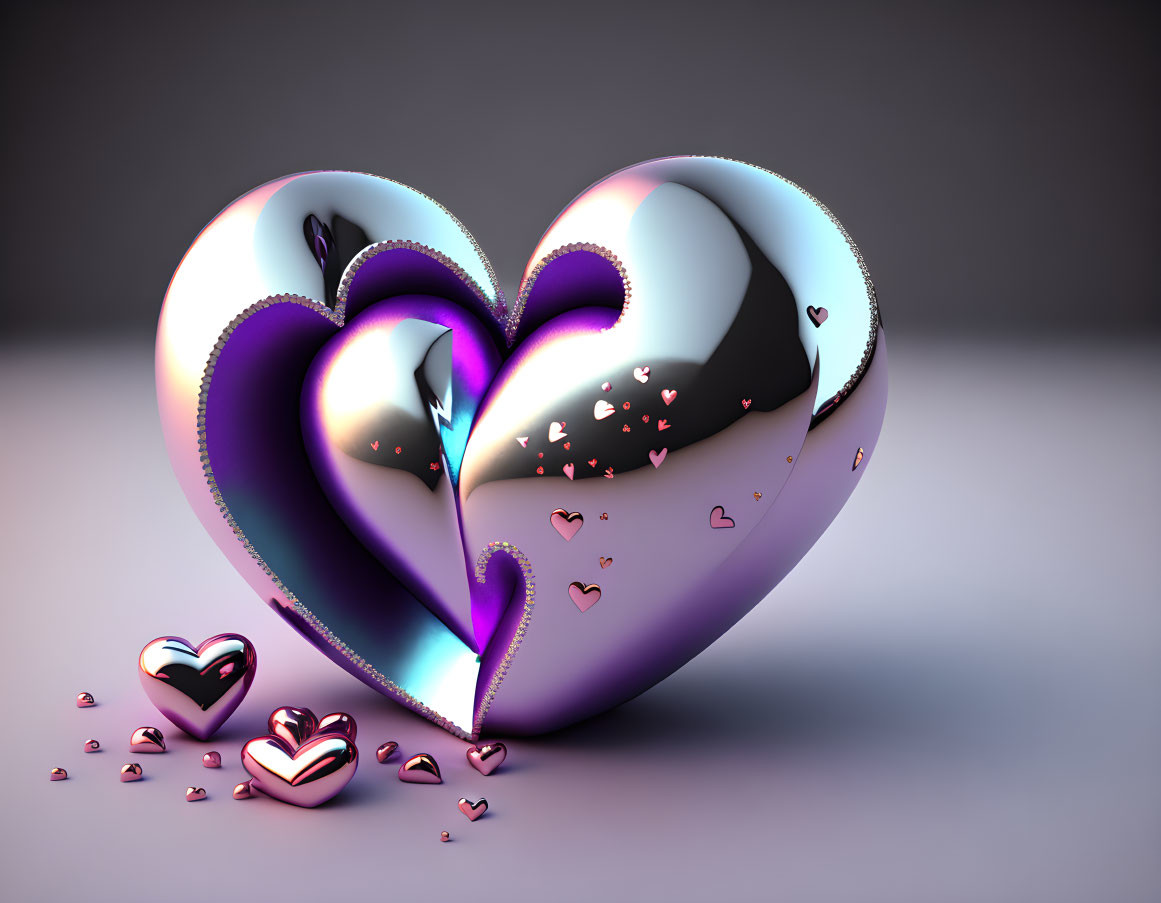 Interconnected Metallic Hearts in 3D Illustration