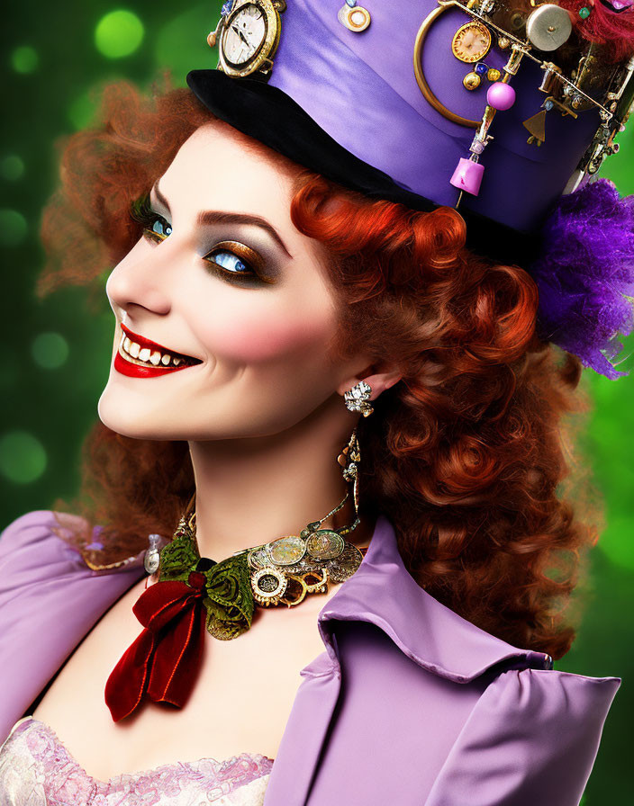 Smiling woman in steampunk hat with colorful makeup and vintage attire on green backdrop