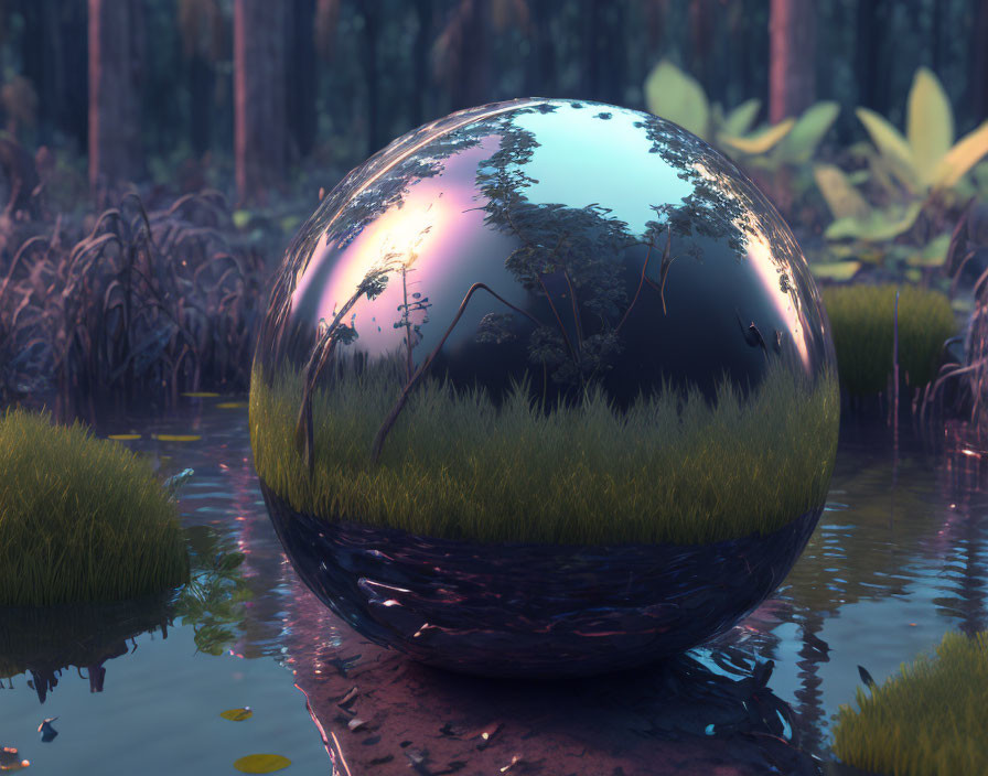 Distorted view of tranquil forest at dusk with reflective sphere