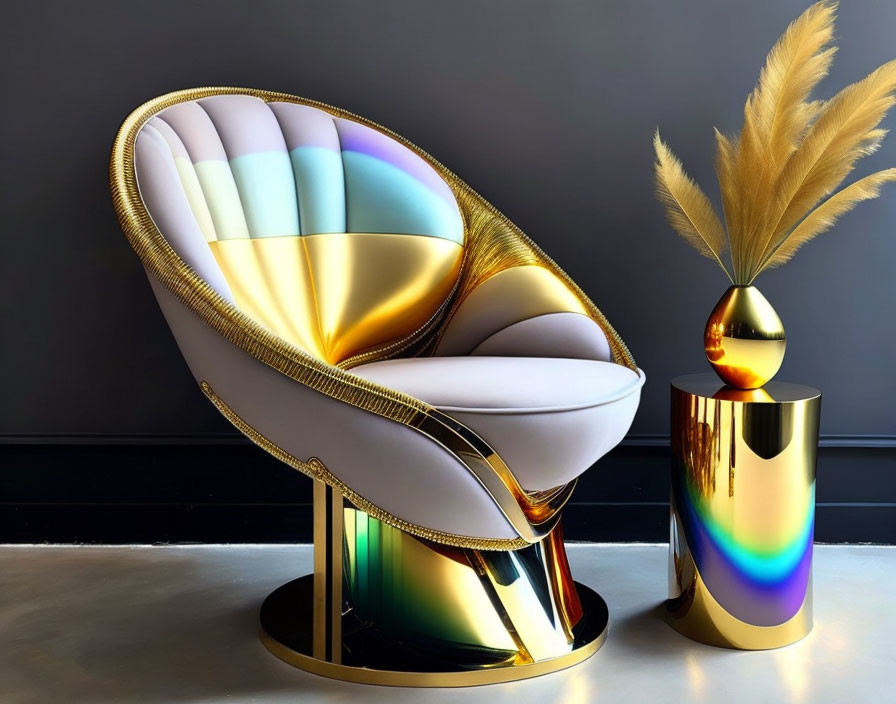 Modern Rainbow-Hued Chair with Gold Accents and Matching Vase