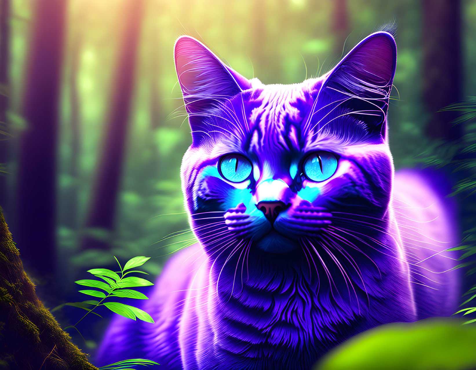 Digitally-altered blue cat with glowing eyes in lush green forest