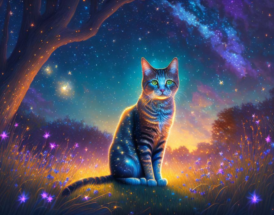 Glowing striped cat in mystical forest at twilight