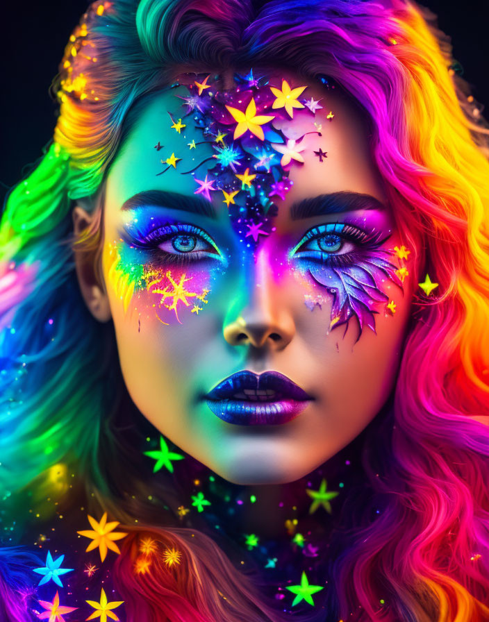 Colorful portrait of woman with neon rainbow hair and starry makeup