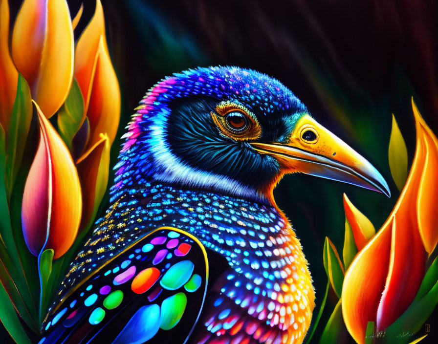 Colorful bird painting with iridescent feathers and fiery flower background