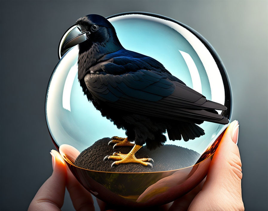 Raven perched in bubble on fingertip against dark backdrop