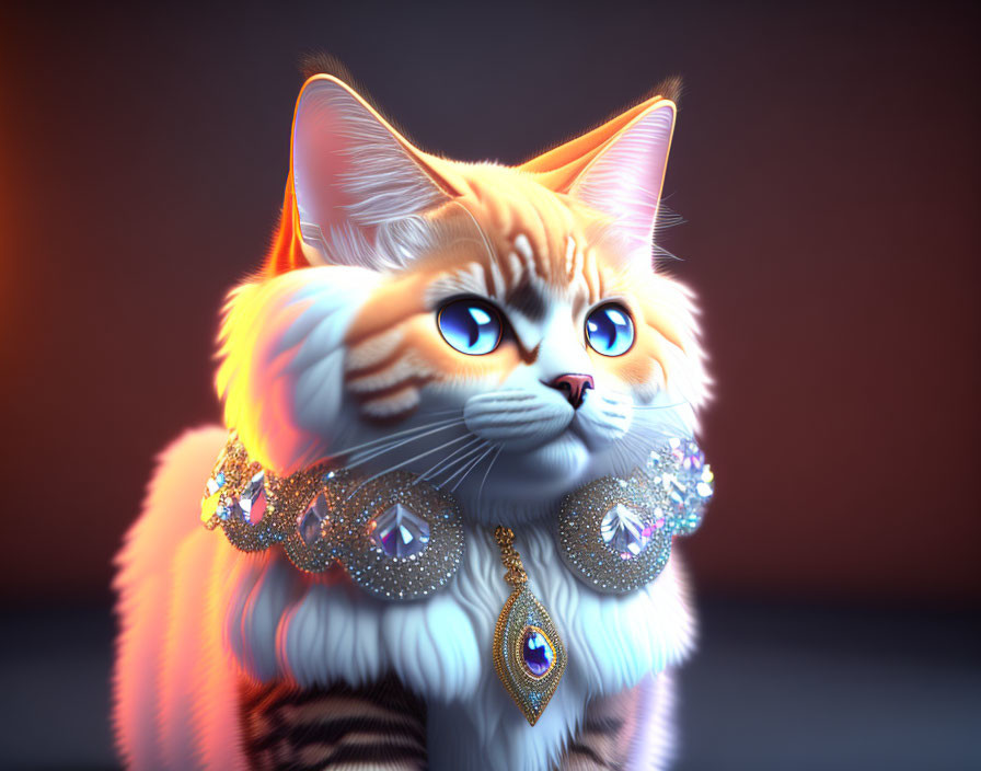 Fluffy orange-and-white cat with blue eyes and jeweled collar