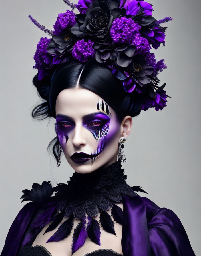 Person with dramatic purple and black makeup and floral headdress in dark attire against grey background