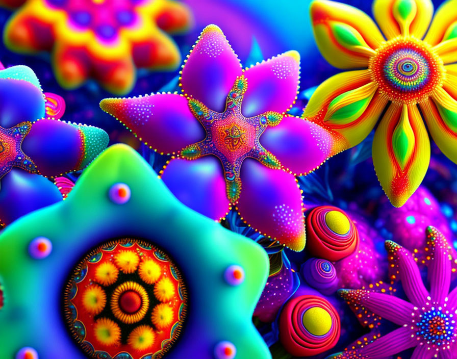 Colorful Psychedelic Digital Art with Star and Circular Patterns