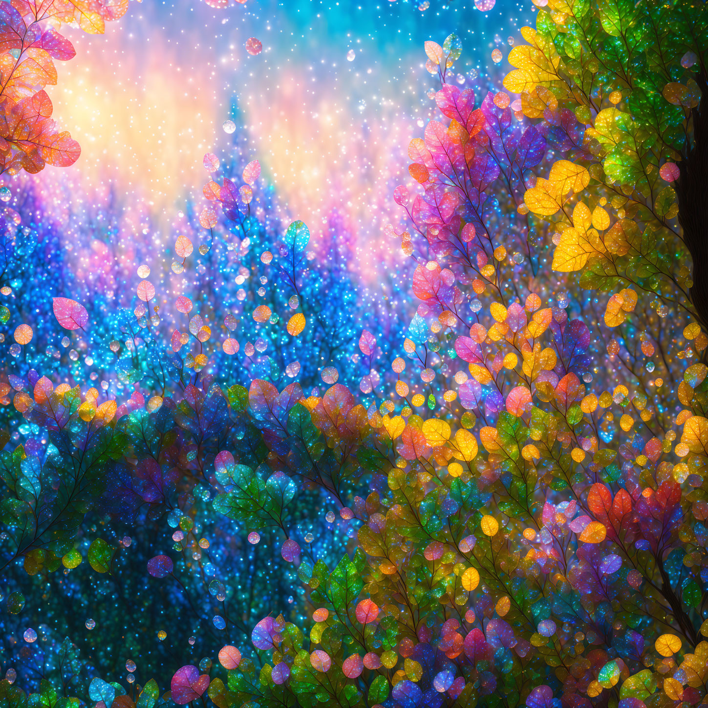 Colorful Leaves and Glittering Lights in Magical Forest Scene