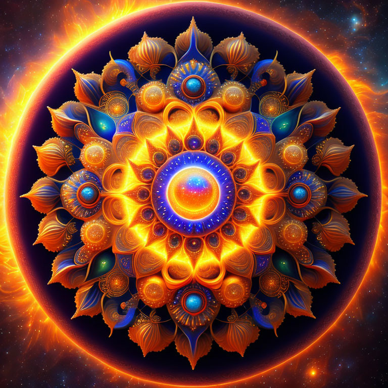 Symmetrical mandala art with ornate petals on cosmic background