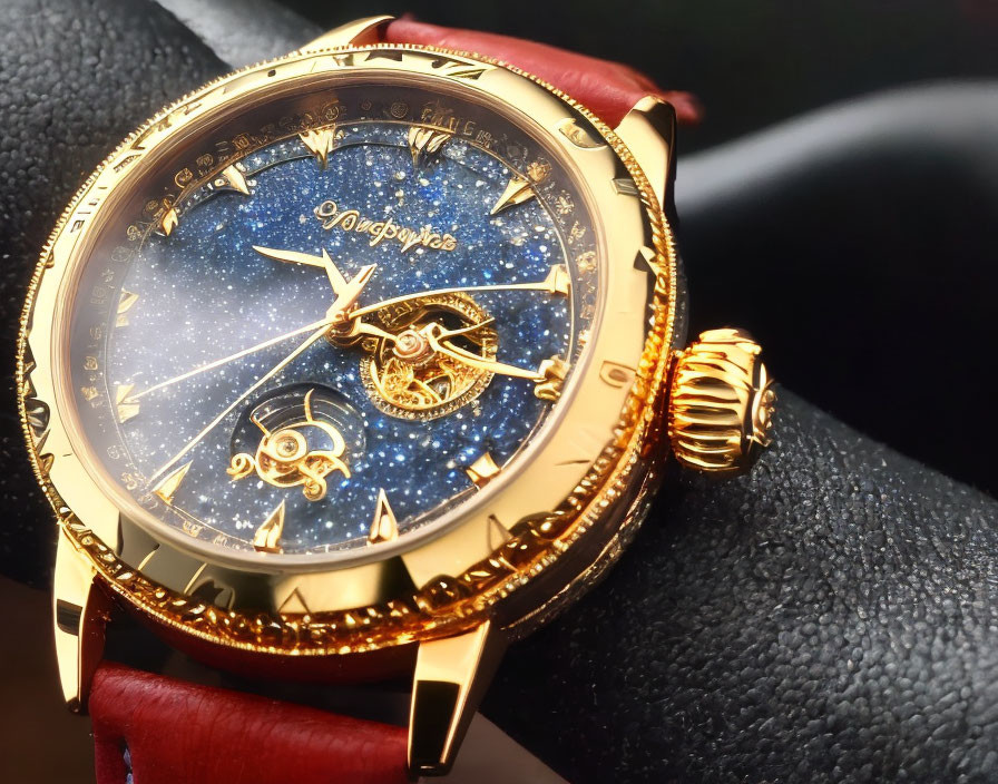 Luxurious Golden Watch with Starry Background and Roman Numerals on Leather Surface