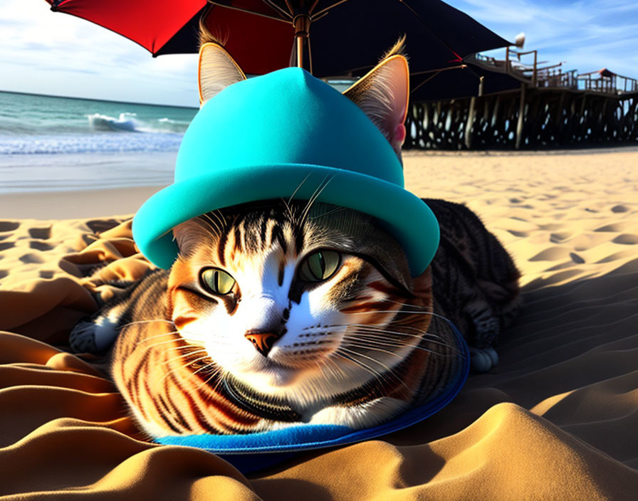 Tabby Cat in Blue Hat Relaxing on Beach with Pier View