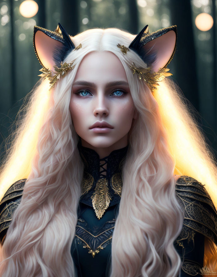 Golden Cat Ears and Blue Eyes in Dark Ornate Attire