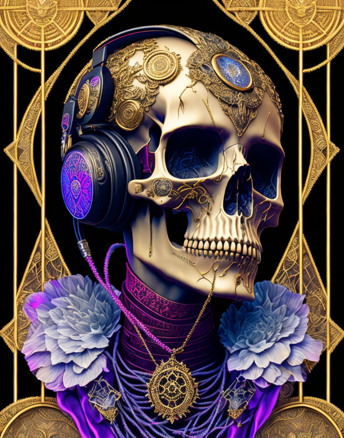 Human skull with gold ornamental patterns, headphones, purple collar, on golden background