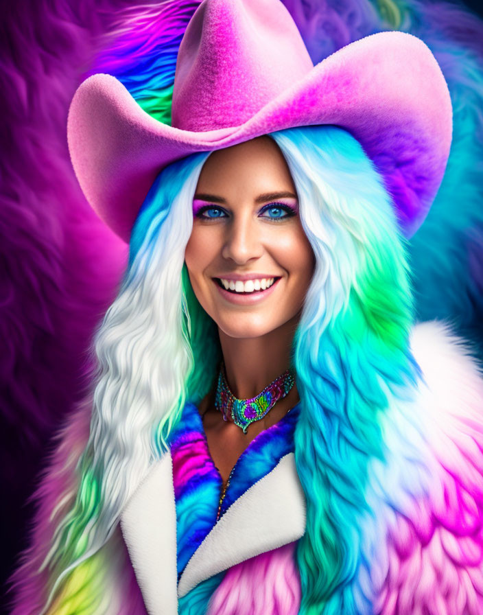 Colorful portrait of a smiling person in pink cowboy hat and fur coat