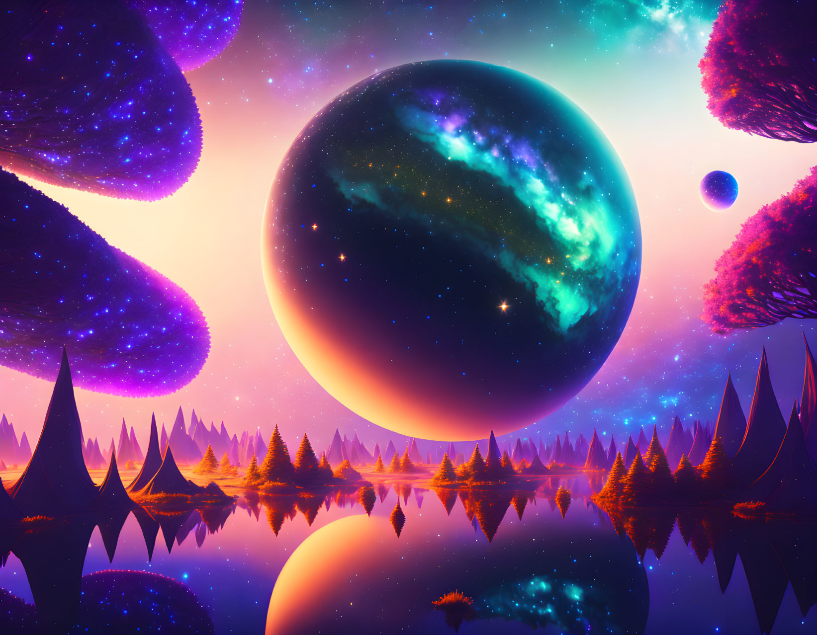 Colorful Fantasy Landscape with Vibrant Planet and Alien Forest