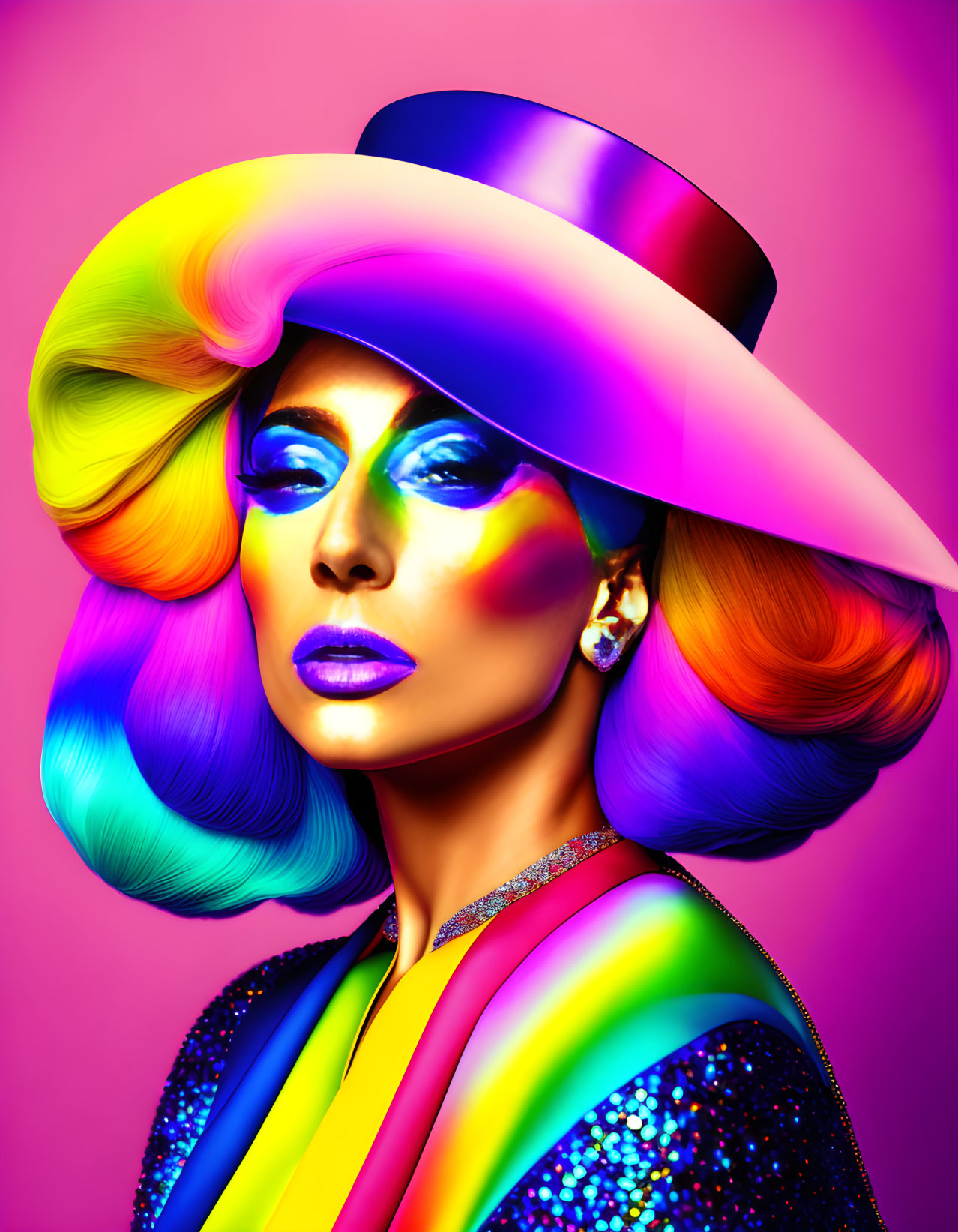 Colorful Rainbow Hair and Makeup with Multicolored Outfit on Pink Background