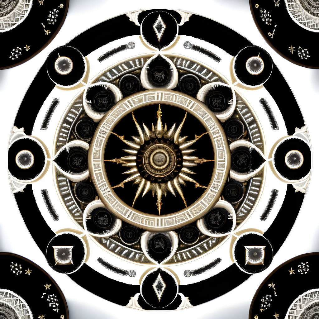 Intricate Black and White Mandala Design with Golden Sun Motif