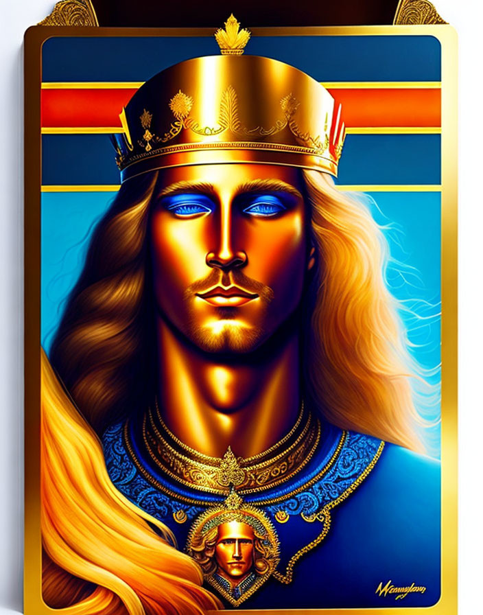 Regal figure with golden crown and blue attire portrait