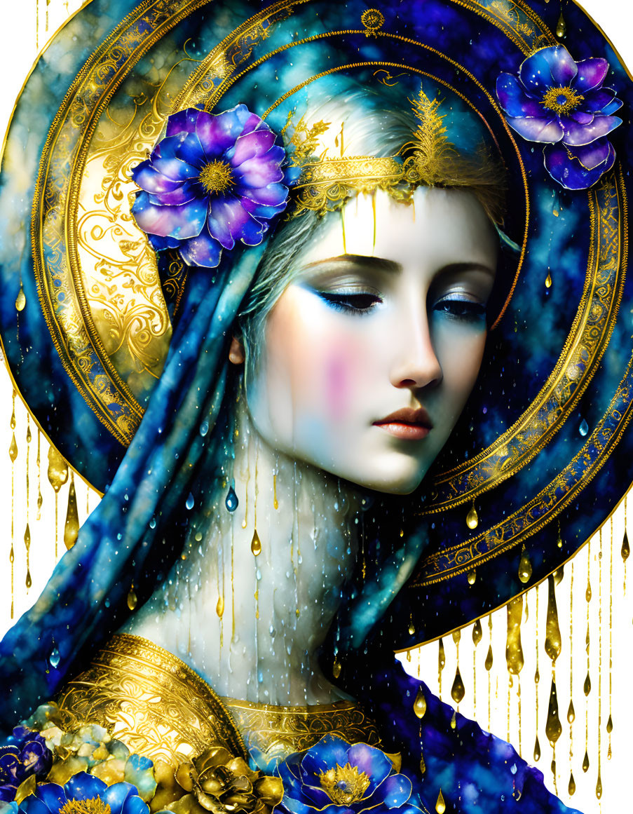 Digital Artwork: Woman in Blue and Gold Shroud with Flowers