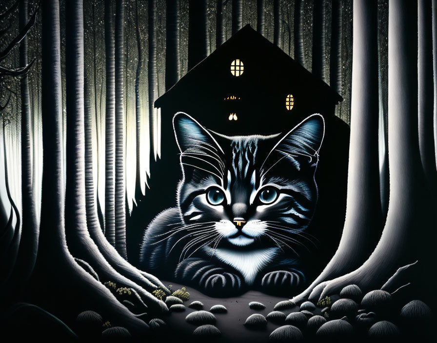 Stylized illustration of large cat in mystical forest at night