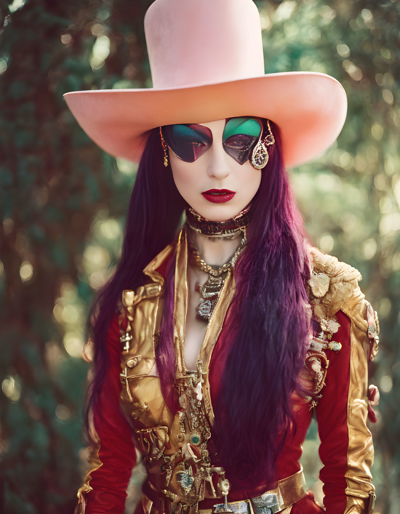 Elaborate Costume with Pink Hat, Sunglasses, and Gold Jacket