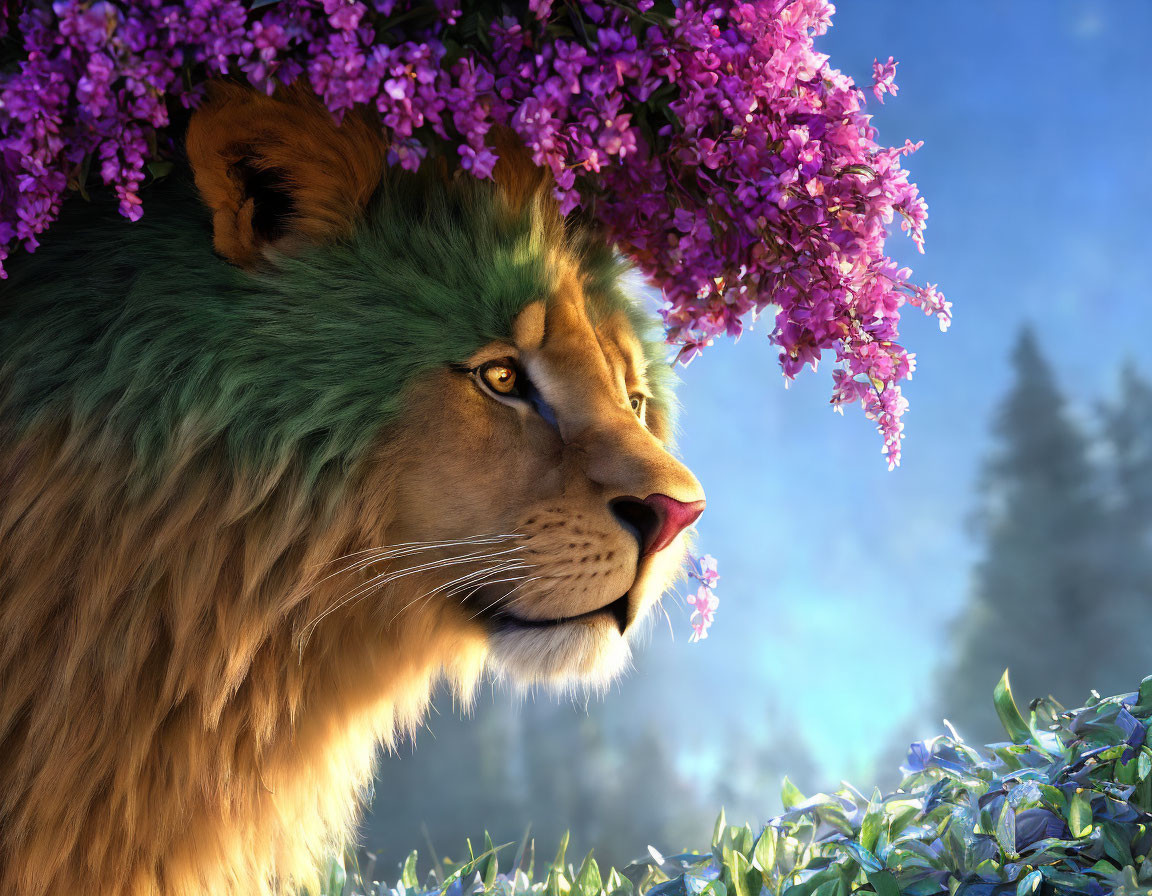 Majestic lion with green mane in purple flower canopy forest.