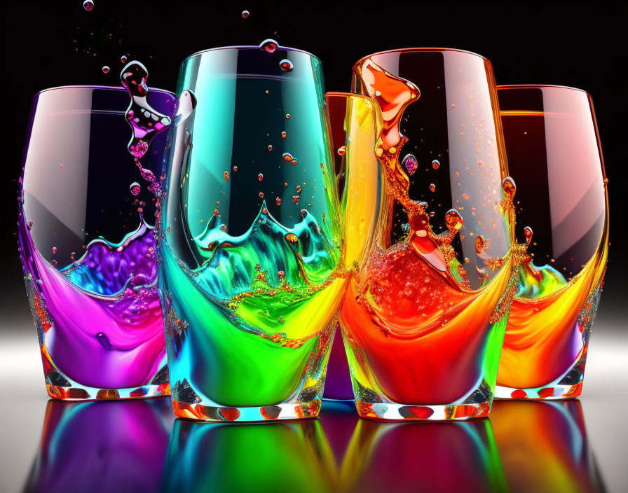 Colorful liquids in glasses on shiny surface against dark background