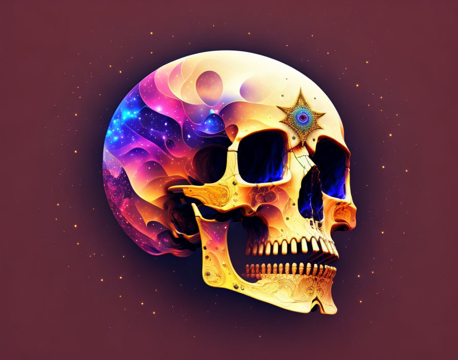 Surreal skull illustration with cosmic and golden tones