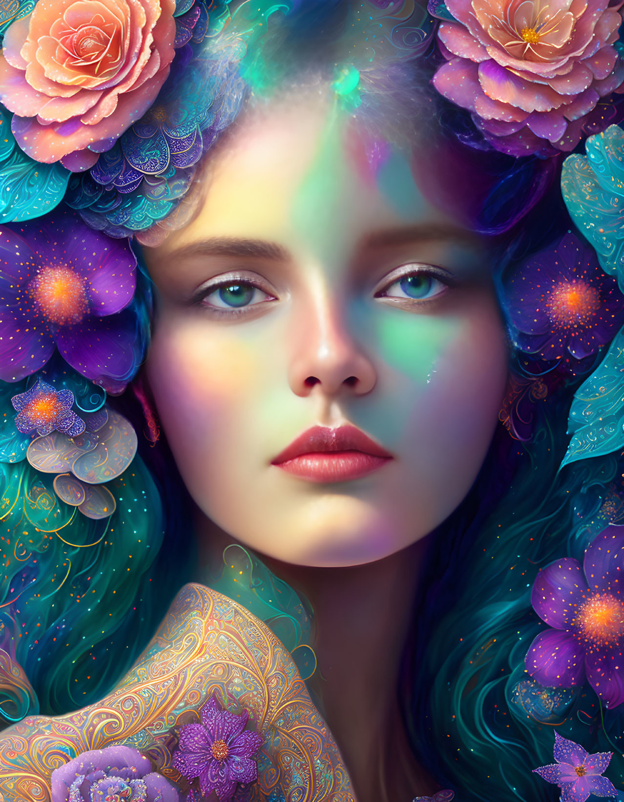 Vibrant floral digital artwork of a woman with ethereal beauty