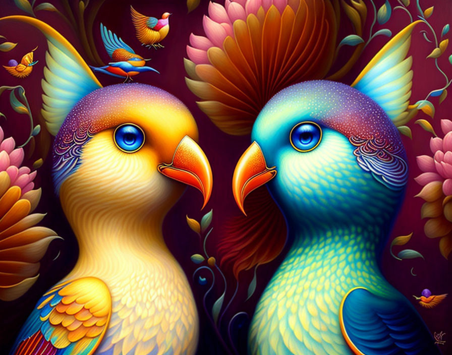 Colorful fantastical birds with blue eyes in lush floral setting.