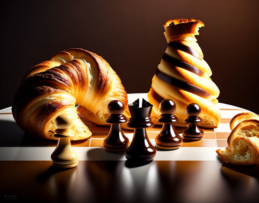 Chessboard with Croissant and Pastry Chess Pieces in Gold and Brown