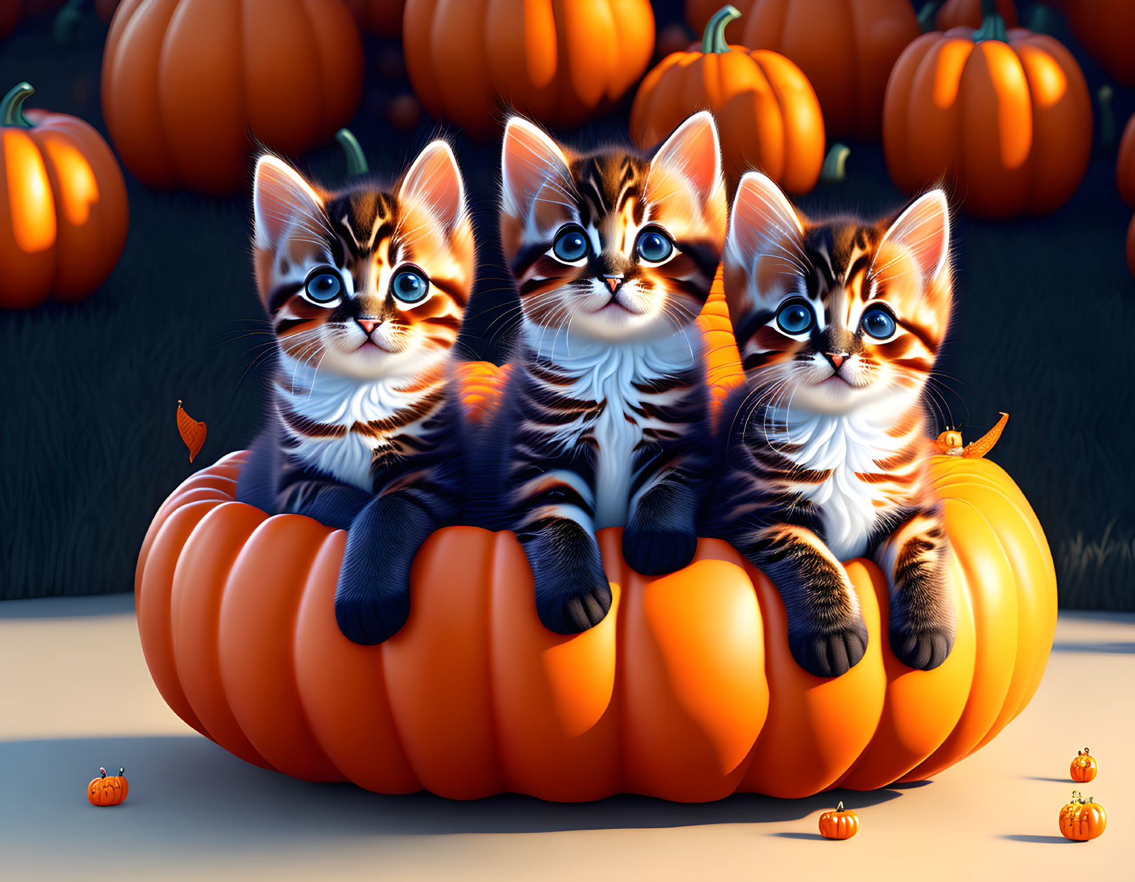 Three animated kittens in pumpkin with blue eyes and autumn leaves