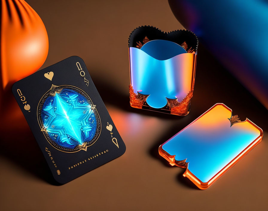 Intricate Black Playing Cards Reflecting Blue Light on Warm Background