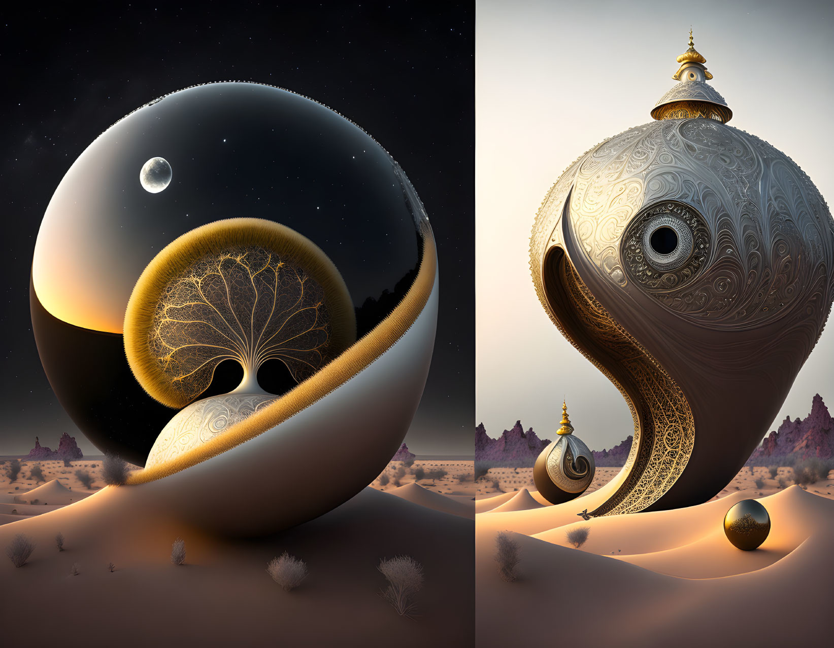 Surreal digital artwork: yin-yang spheres in desert with intricate patterns