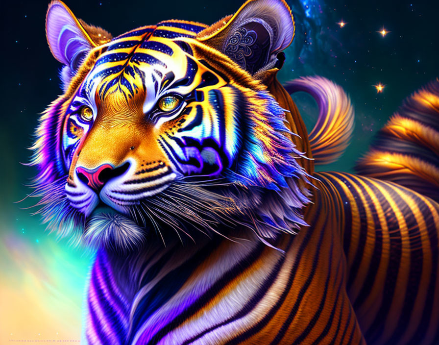 Neon-colored tiger in cosmic setting with vibrant blues and oranges