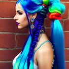 Woman with Blue and Teal Ombre Hair in Braided Pigtails with Floral Accessories