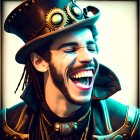 Man in steampunk attire with top hat and goggles laughing.