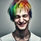 Portrait of person with closed-eye smile, multicolored hair, and nose piercing on gray backdrop