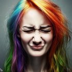 Individual with squinted expression and rainbow hair on grey backdrop