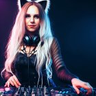 Pink and white hair DJ in cat ear headphones at mixing console