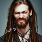 Bearded man with long dreadlocks and butterfly accessory on gray background