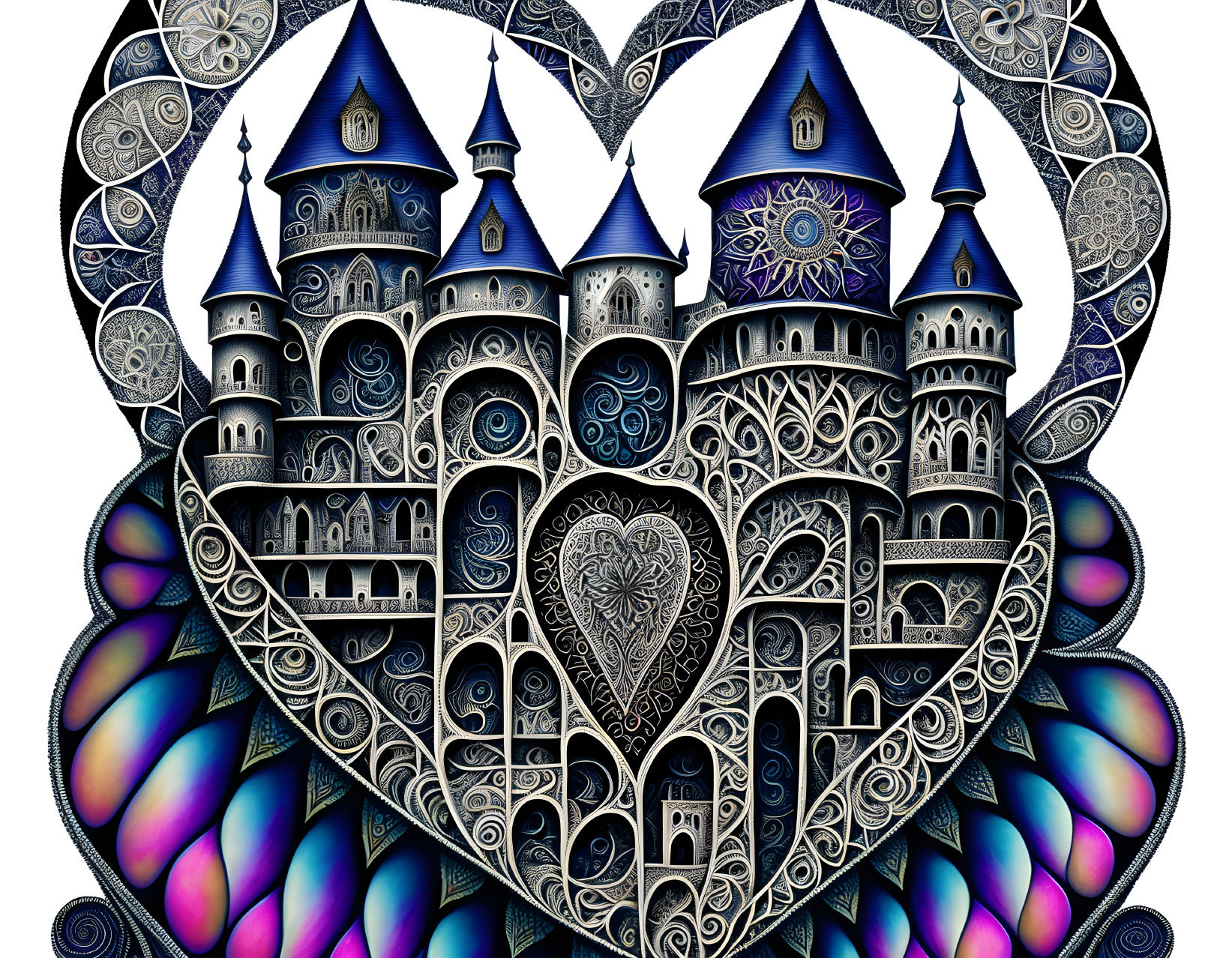 Whimsical castle illustration with heart-shaped spires and intricate patterns