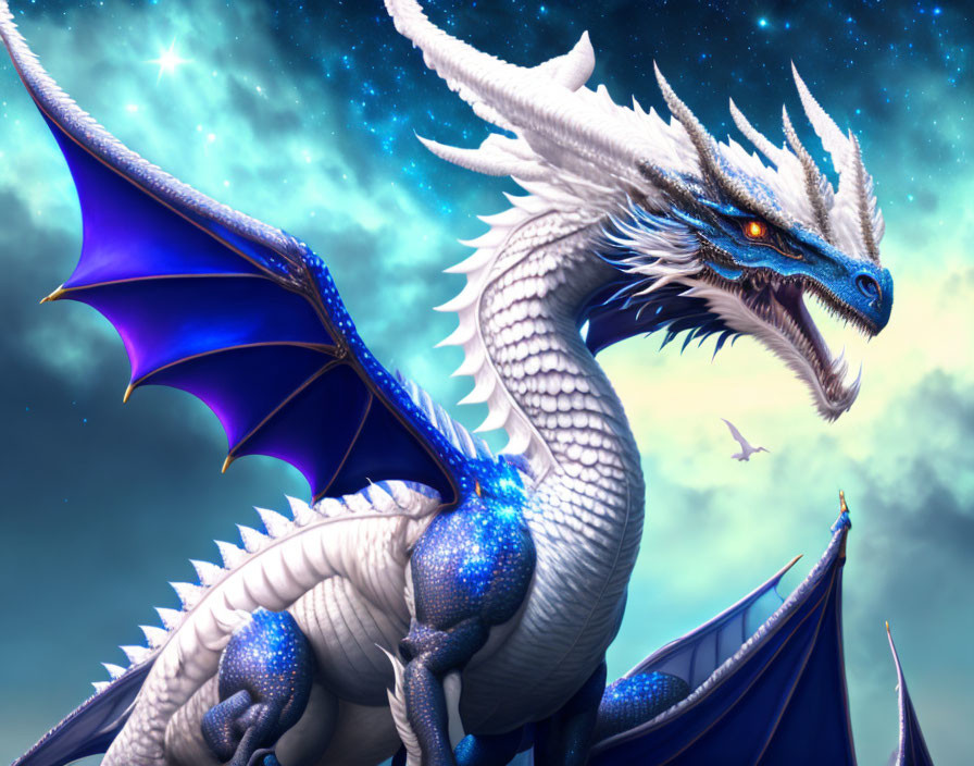 Majestic white and blue dragon with spread wings under starry sky