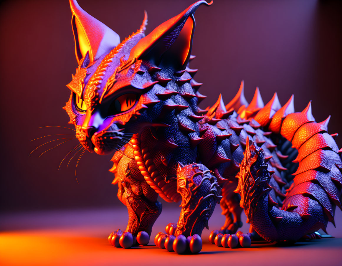 Digital artwork: Mythical cat-dragon creature in vibrant orange-red hues on purple backdrop