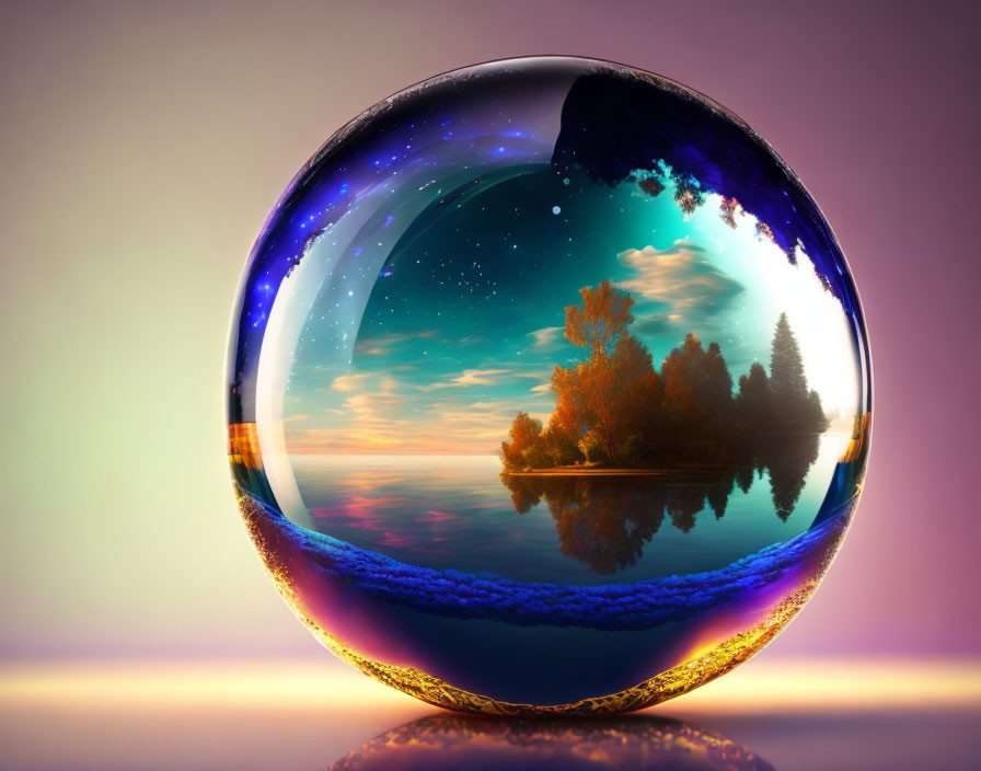 Crystal Ball Reflects Lakeside Sunset Scene with Trees and Stars