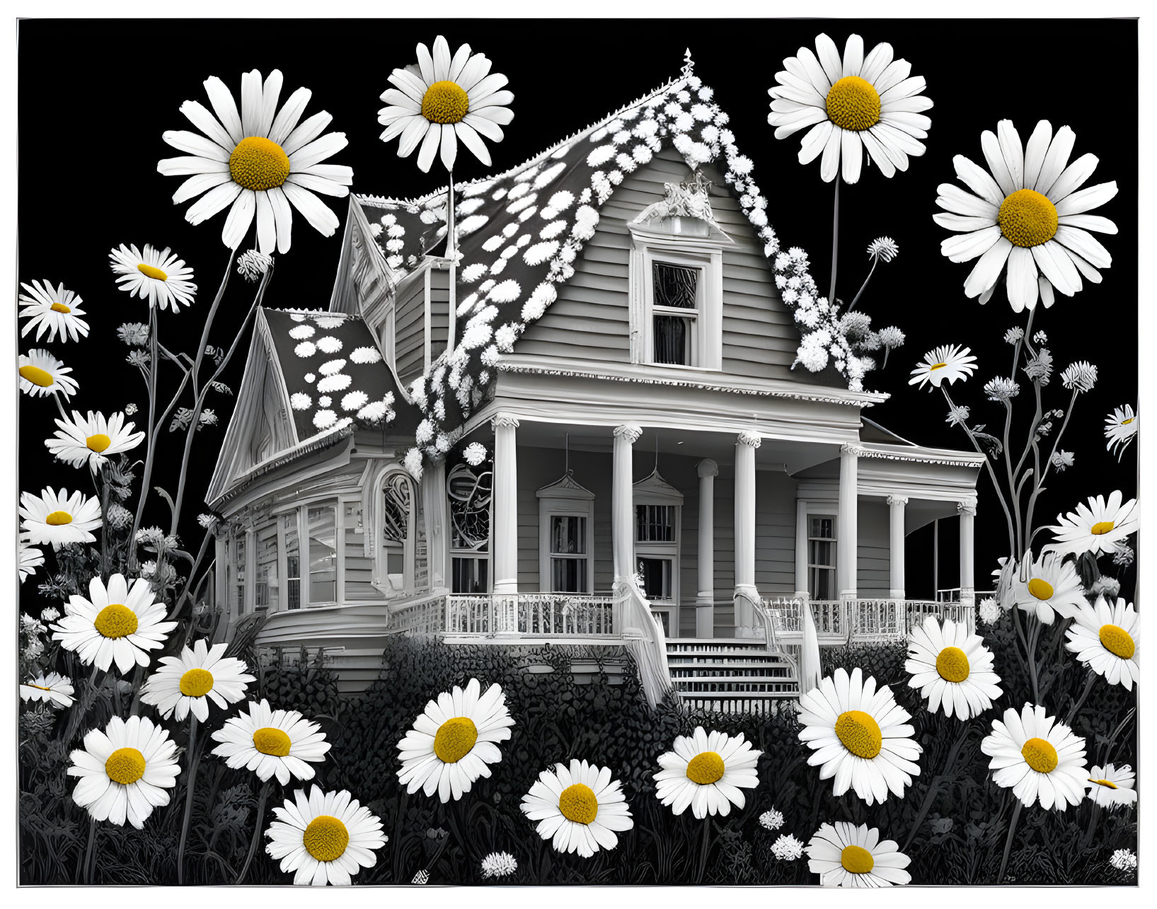 Monochromatic Victorian house with oversized daisies on black background